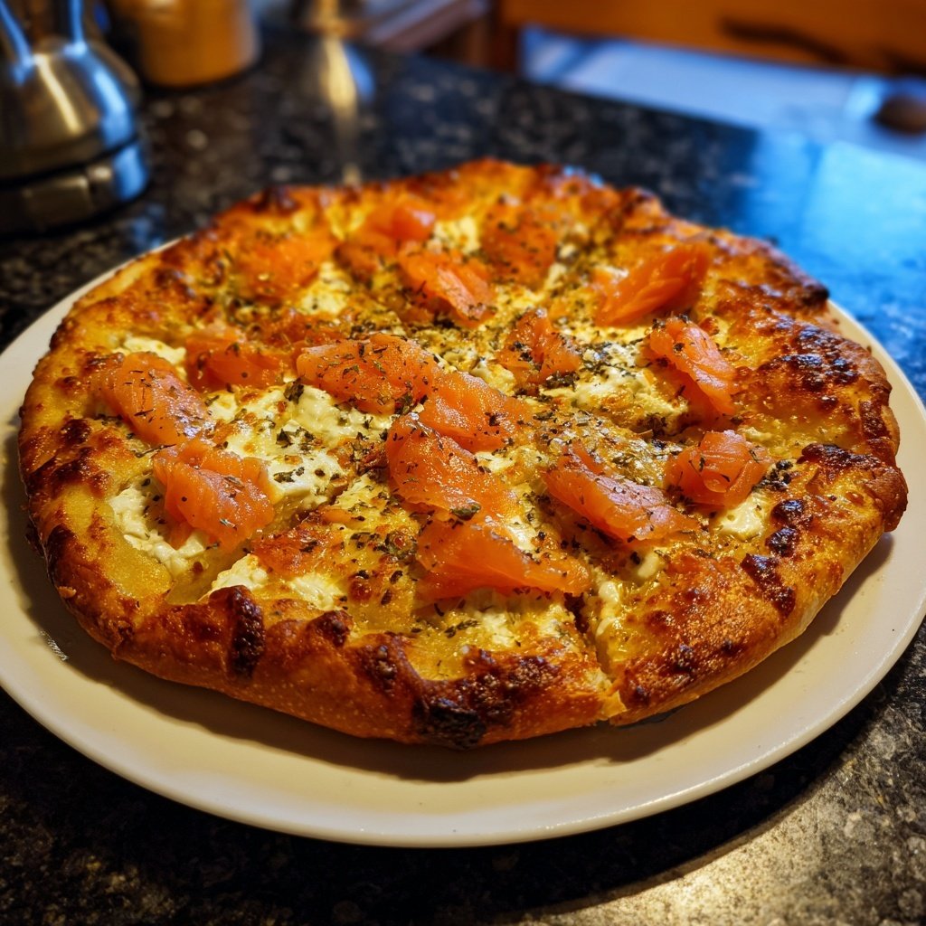 Pizza mit Lachs und Crème fraîche
