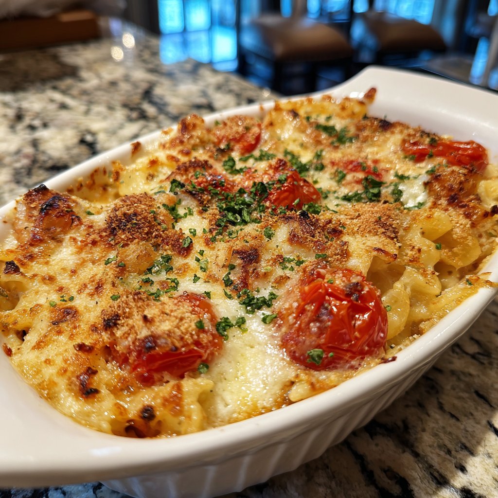 Nudelauflauf mit Tomaten und Mozzarella